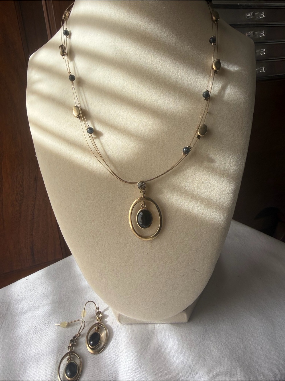Lia Sophia Gold Tone Black Pendant Necklace & Earrings Set